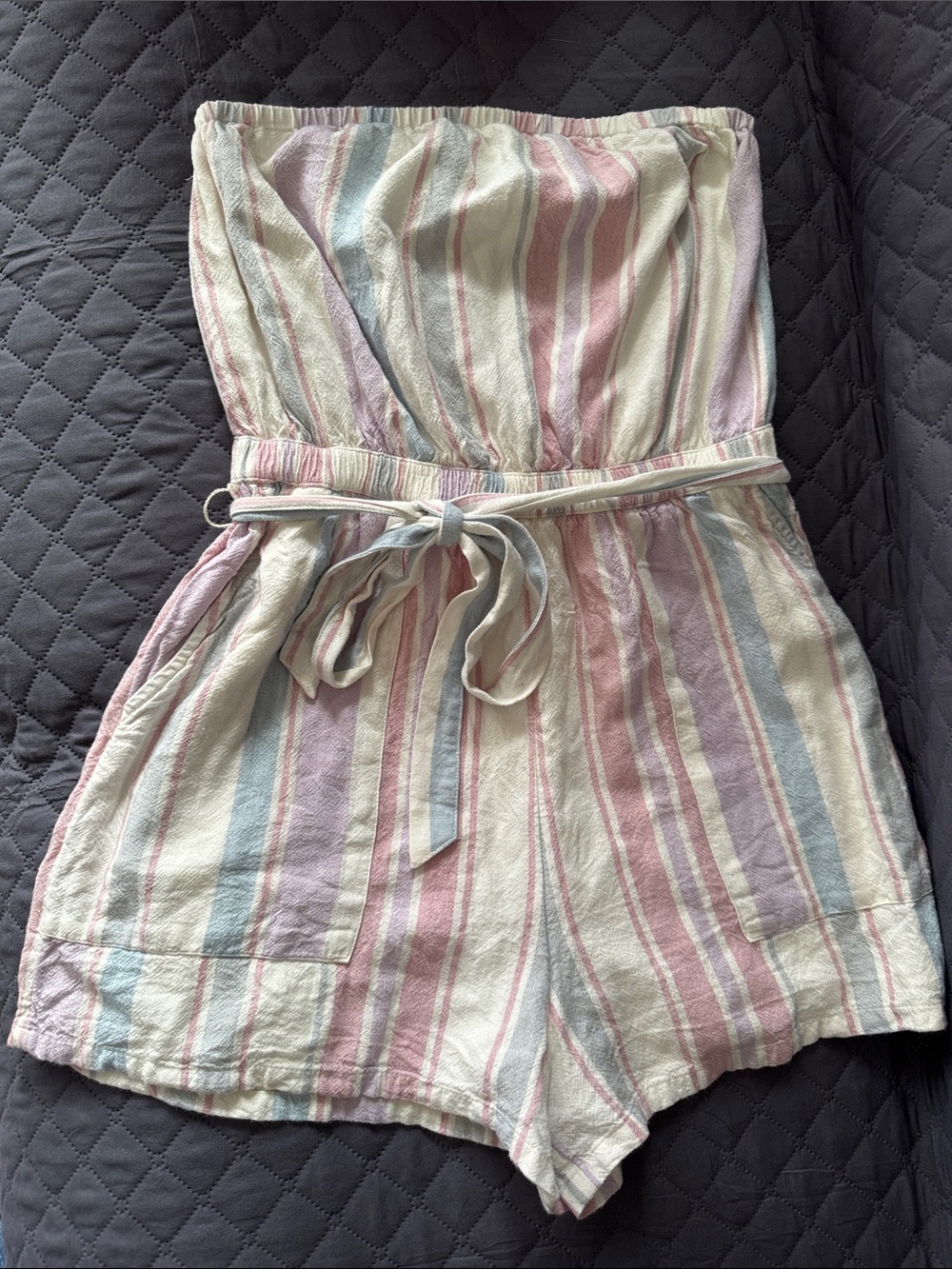 American Eagle Outfitters Pastel Striped Strapless Romper, fully lined & pockets